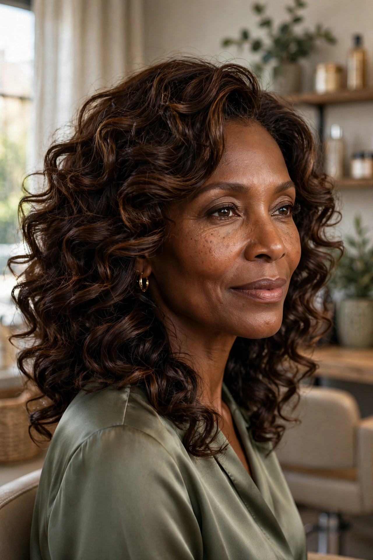 Black woman over 50 with espresso brown bouncy curls