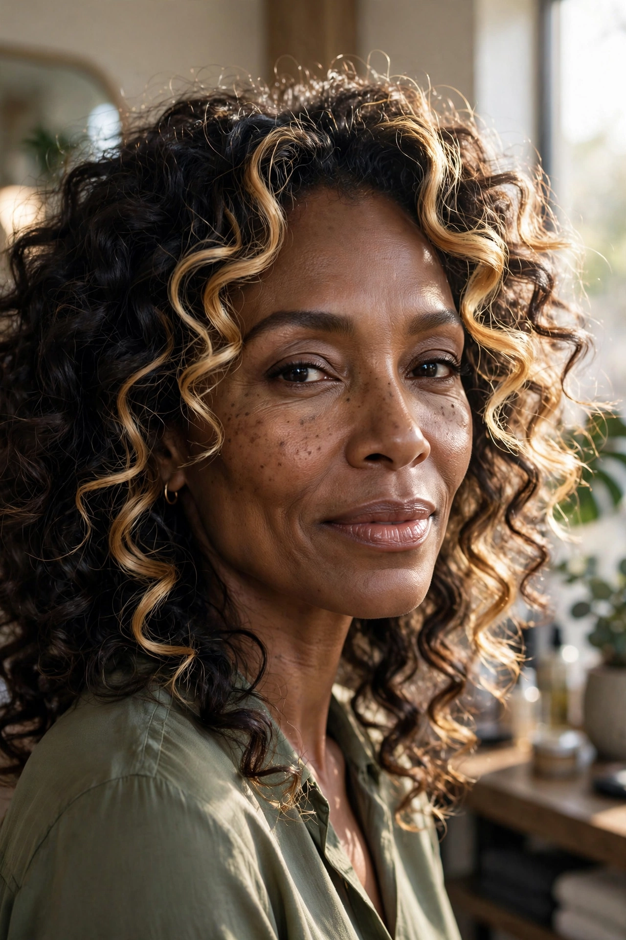 Black woman over 50 with butterscotch face-framing highlights on dark curls