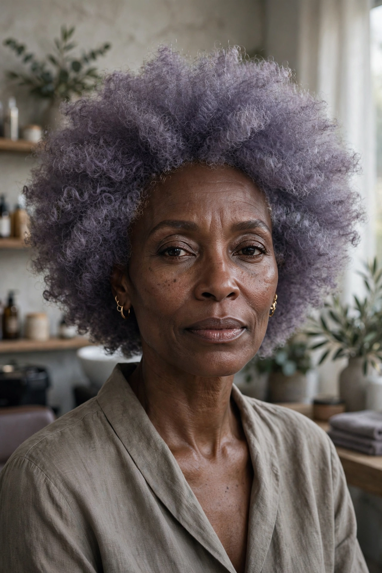 Black woman over 50 with smoky lavender afro