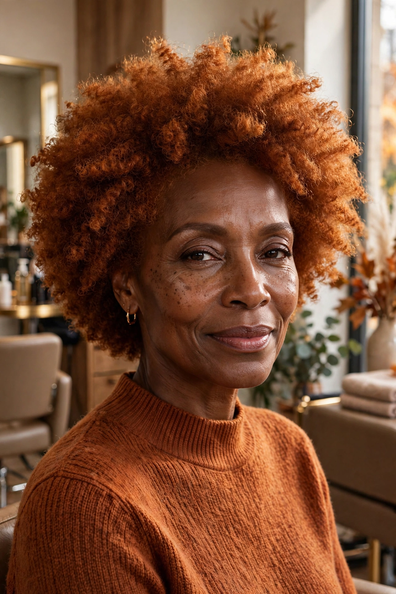 Black woman over 50 with ginger spice coil afro