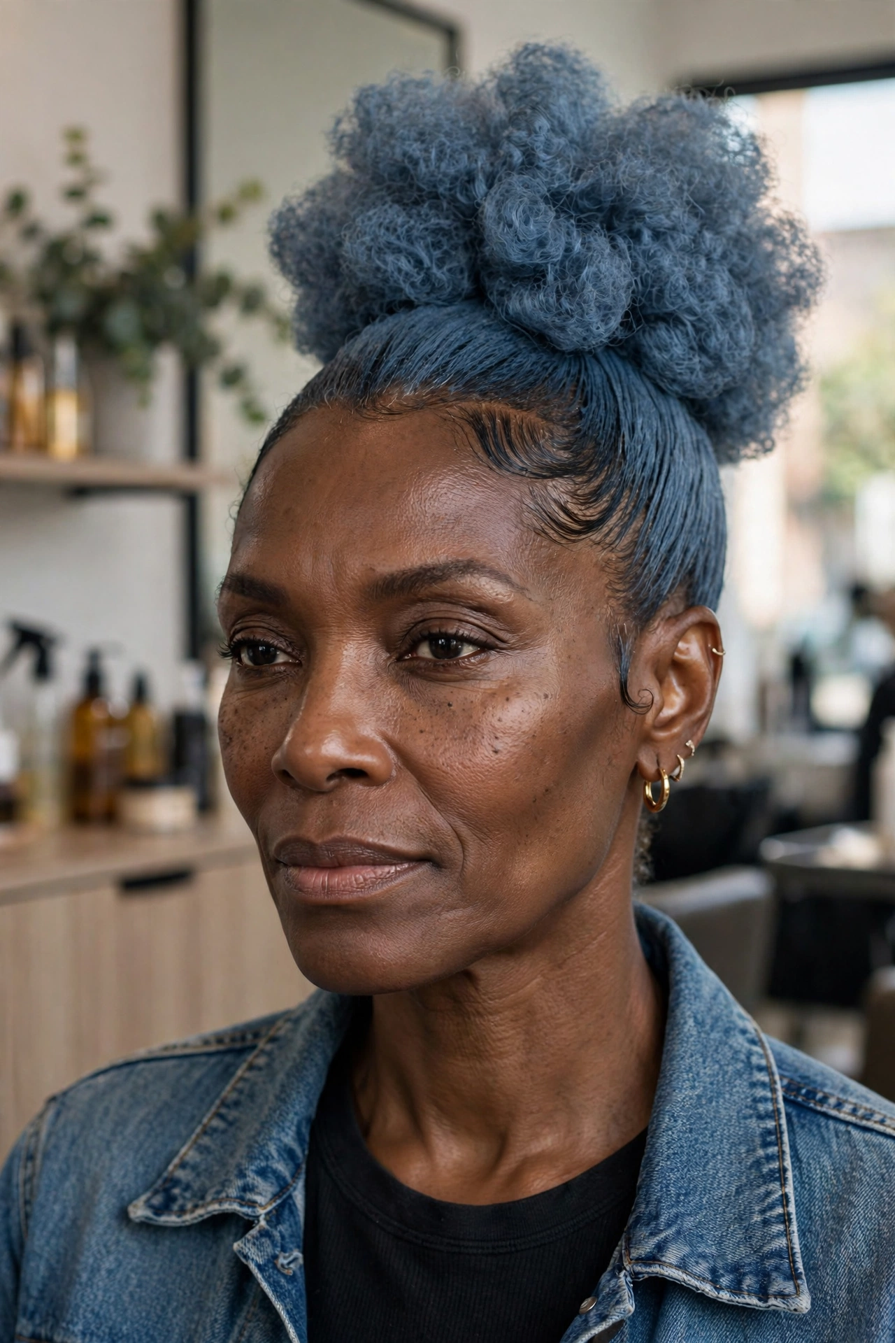 Black woman over 50 with denim blue high puff