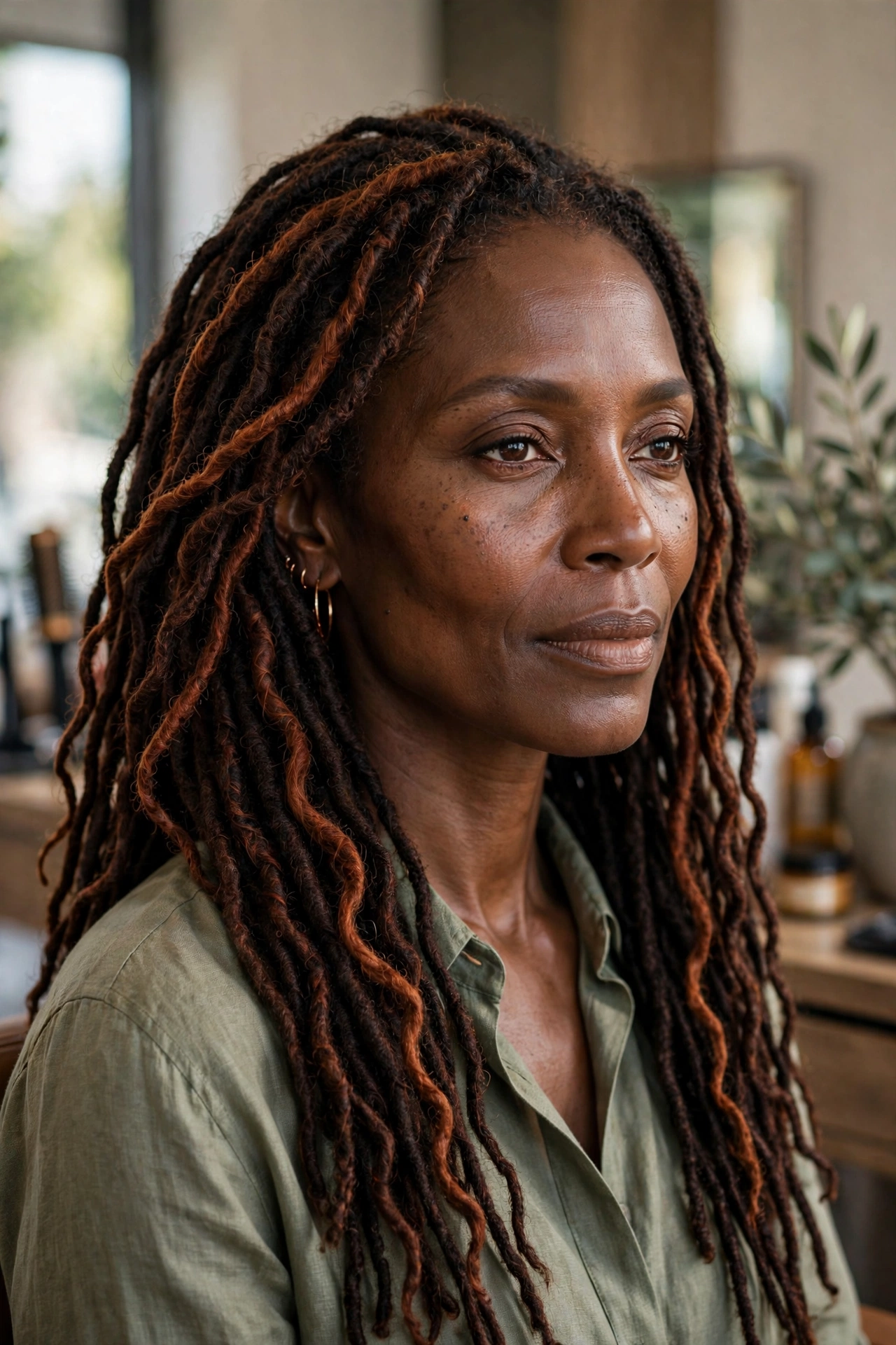 Black woman over 50 with cinnamon highlights on dark locs