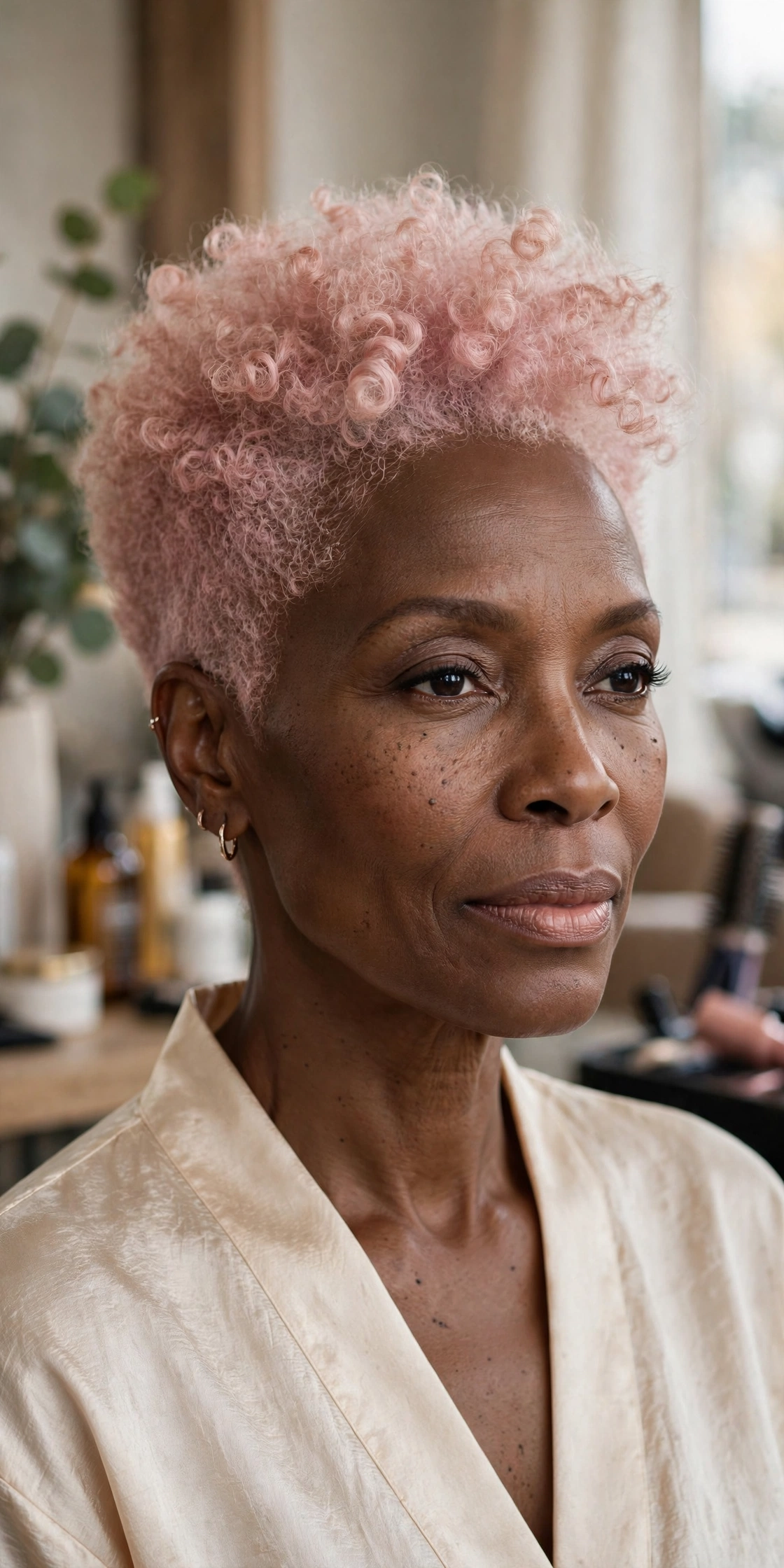 Black woman over 50 with blush pink tapered fro