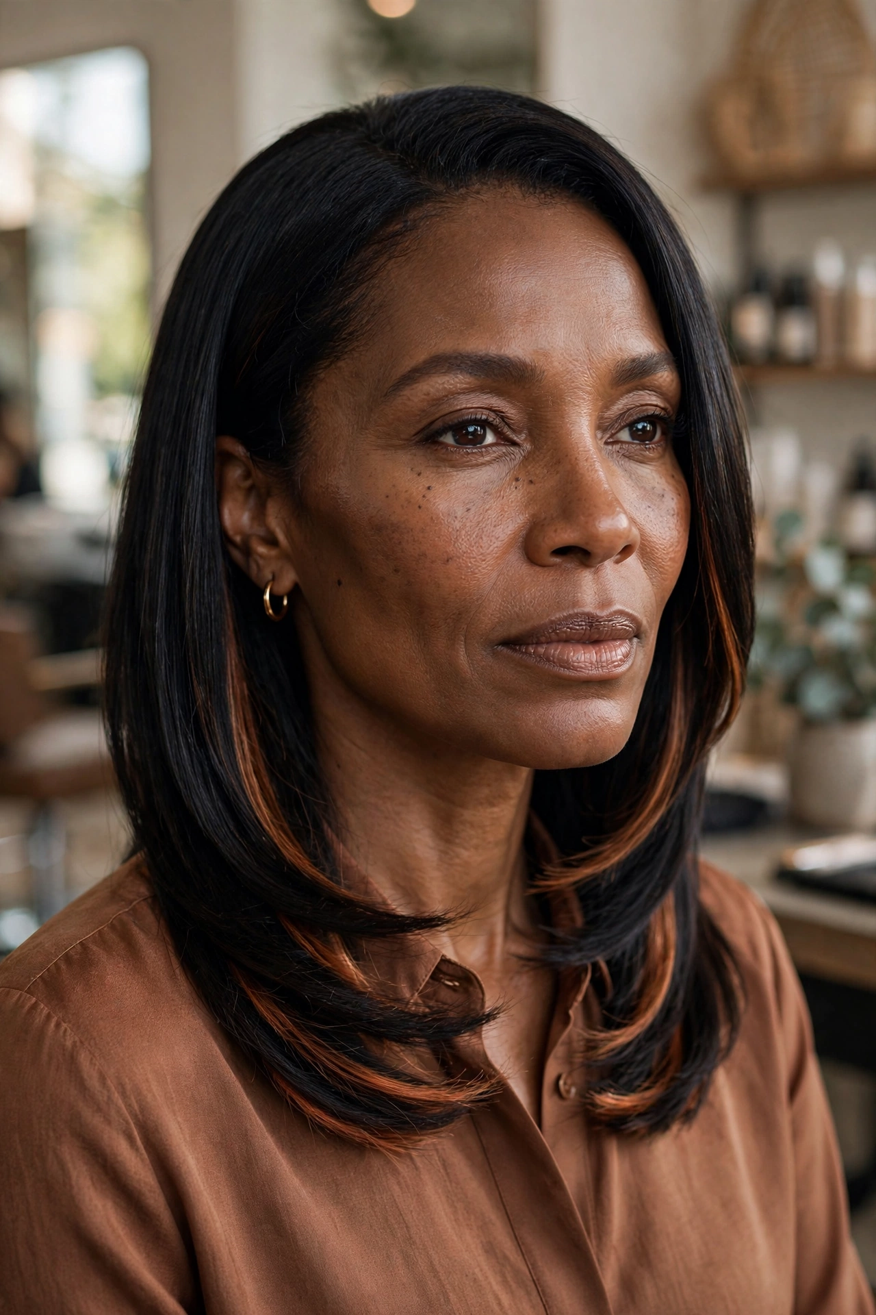 Black woman over 50 with onyx black hair and copper underlights