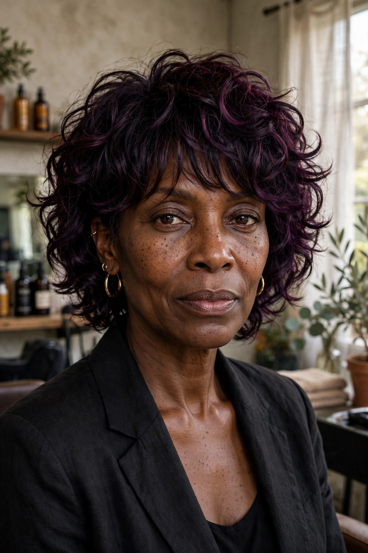 Black woman over 50 with blackberry wine curly shag