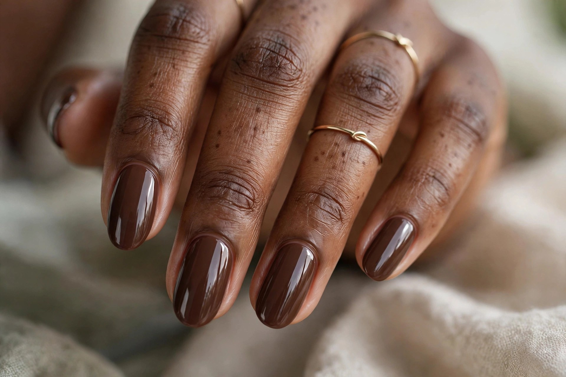 Dark-skinned woman's hand with glossy chocolate brown manicured nails