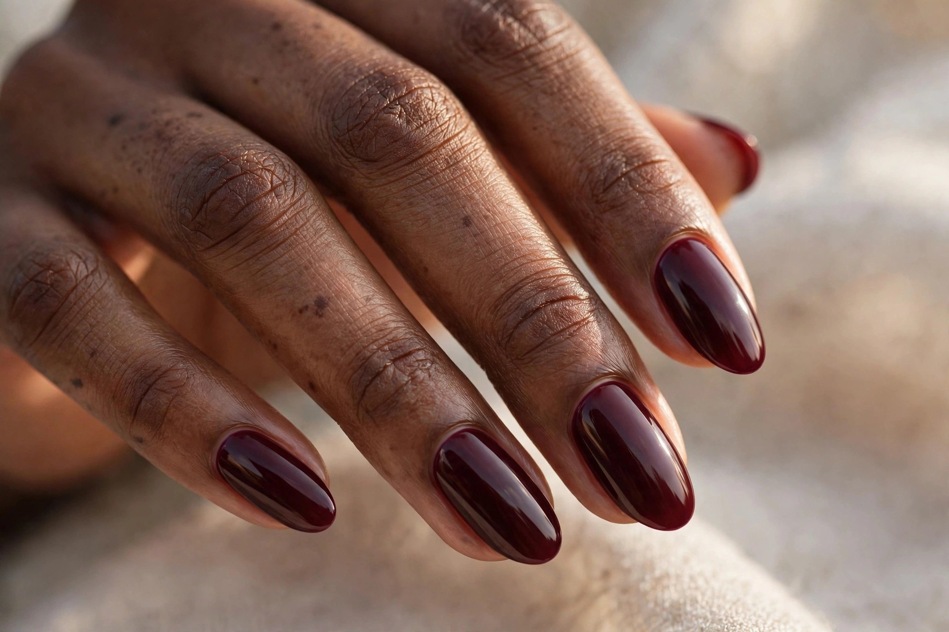 Dark-skinned woman's hand with deep wine burgundy manicured nails