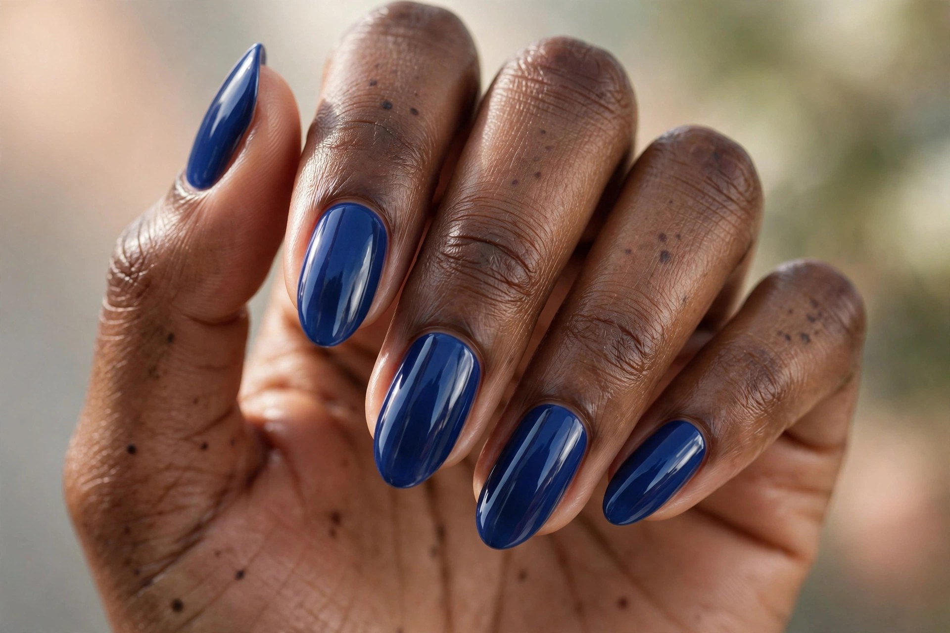 Dark-skinned woman's hand with vivid sapphire blue manicured nails