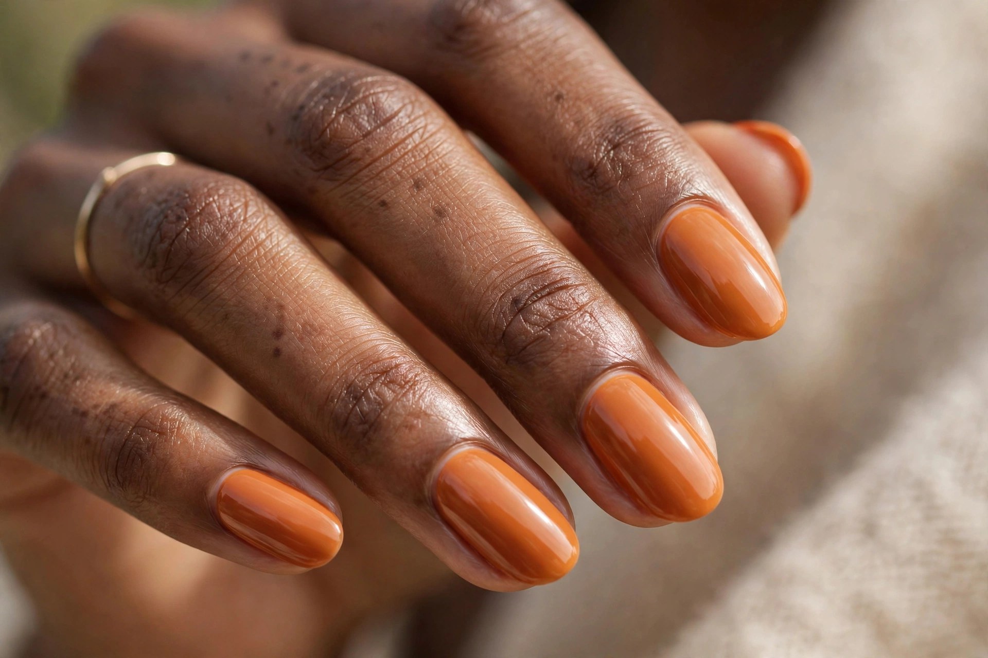 Dark-skinned woman's hand with burnt orange cream manicured nails