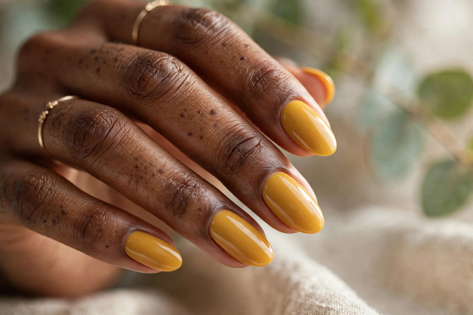 Dark-skinned woman's hand with warm mustard yellow manicured nails