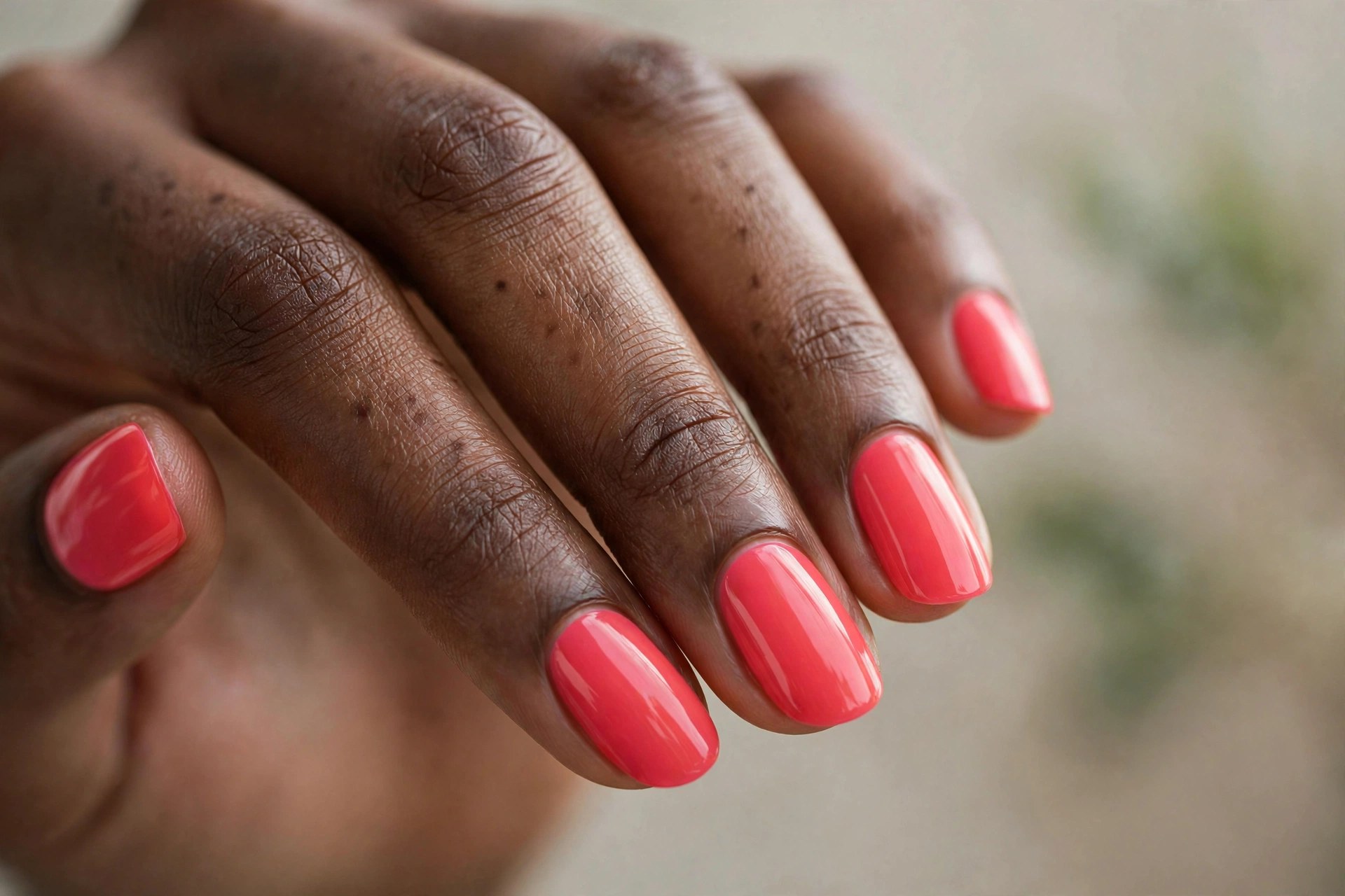 Dark-skinned woman's hand with vivid coral pink manicured nails