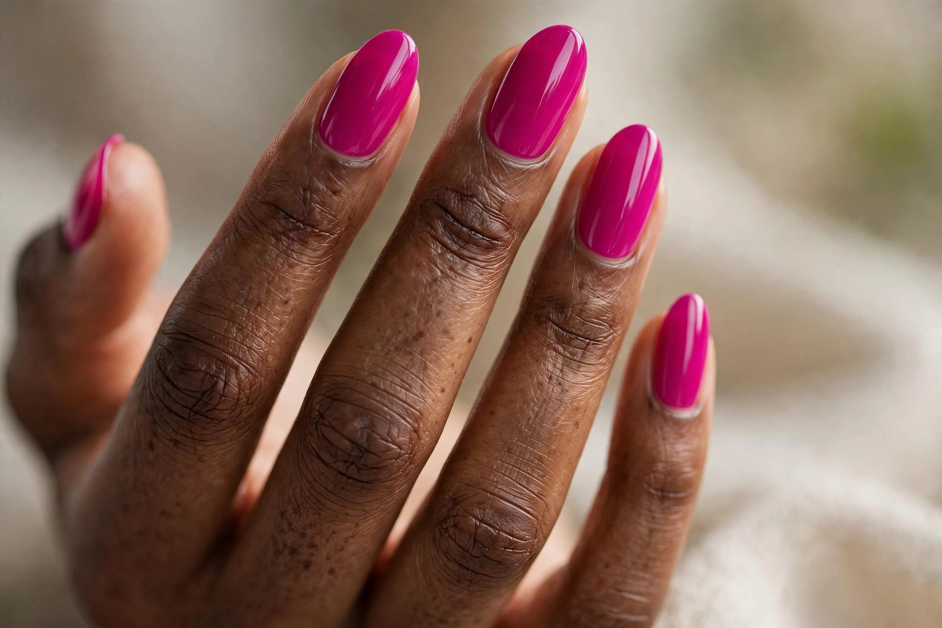 Dark-skinned woman's hand with hot magenta pink manicured nails