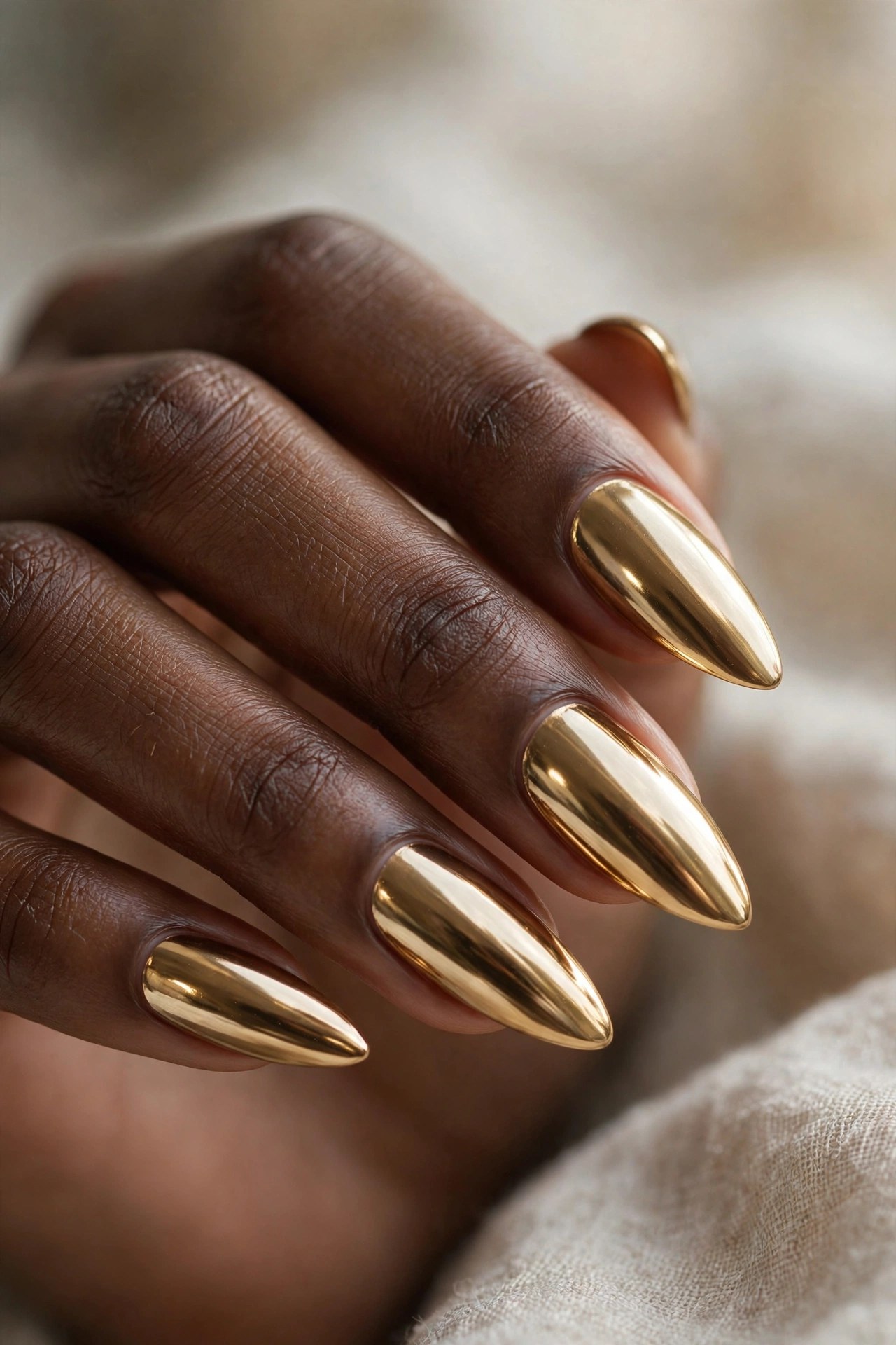 Dark-skinned woman's hand with mirror gold chrome manicured nails