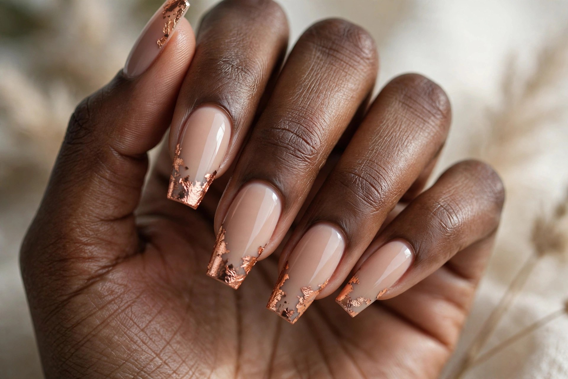 Dark-skinned woman's hand with nude nails and copper foil tips