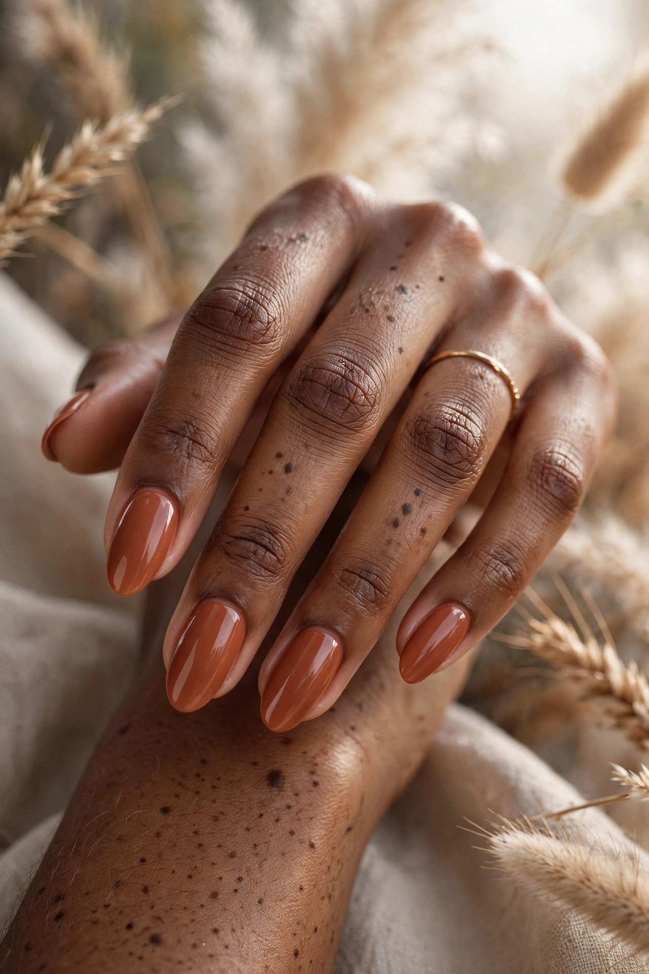 Dark-skinned woman's hand with terracotta earth tone manicured nails