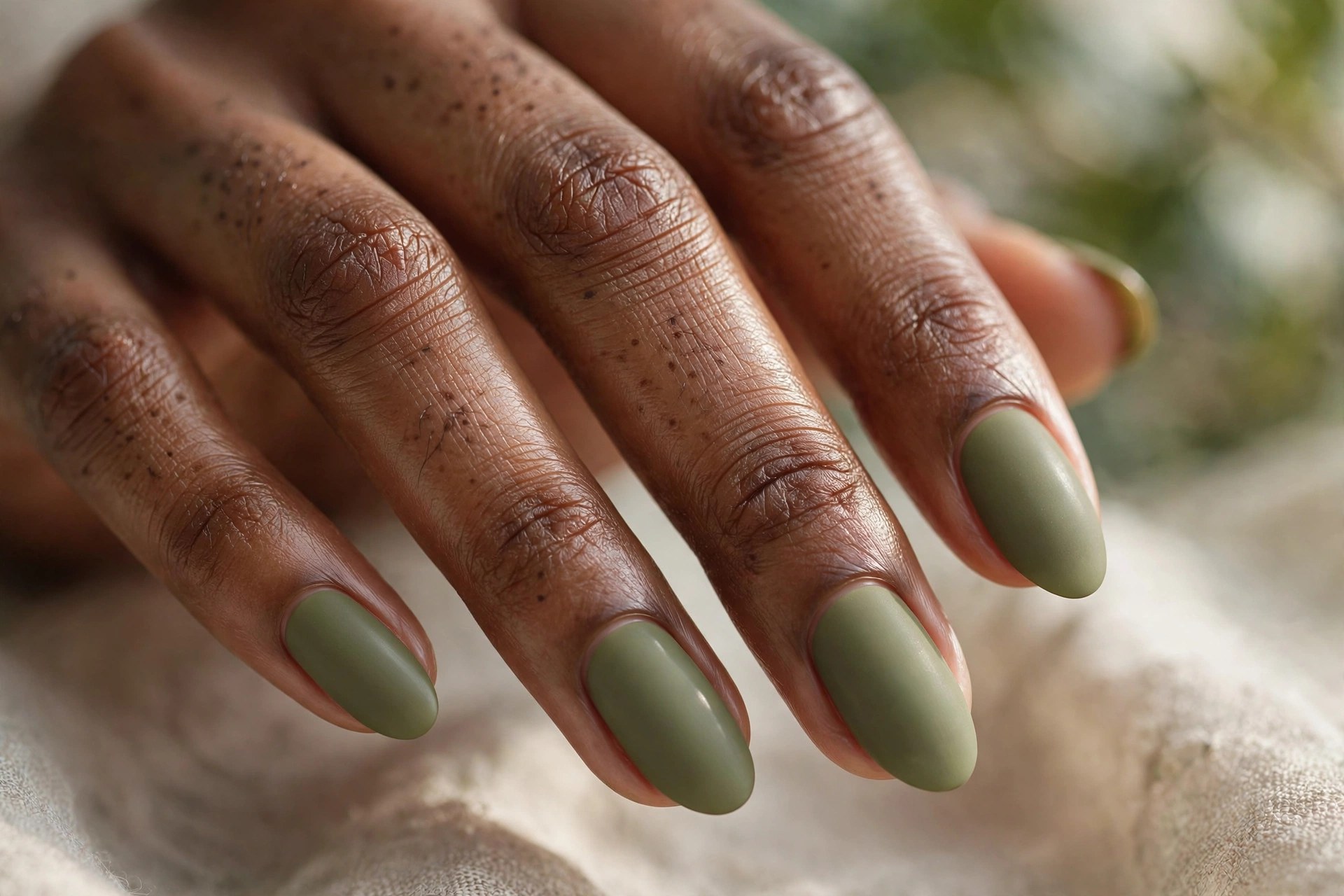 Dark-skinned woman's hand with olive green matte manicured nails