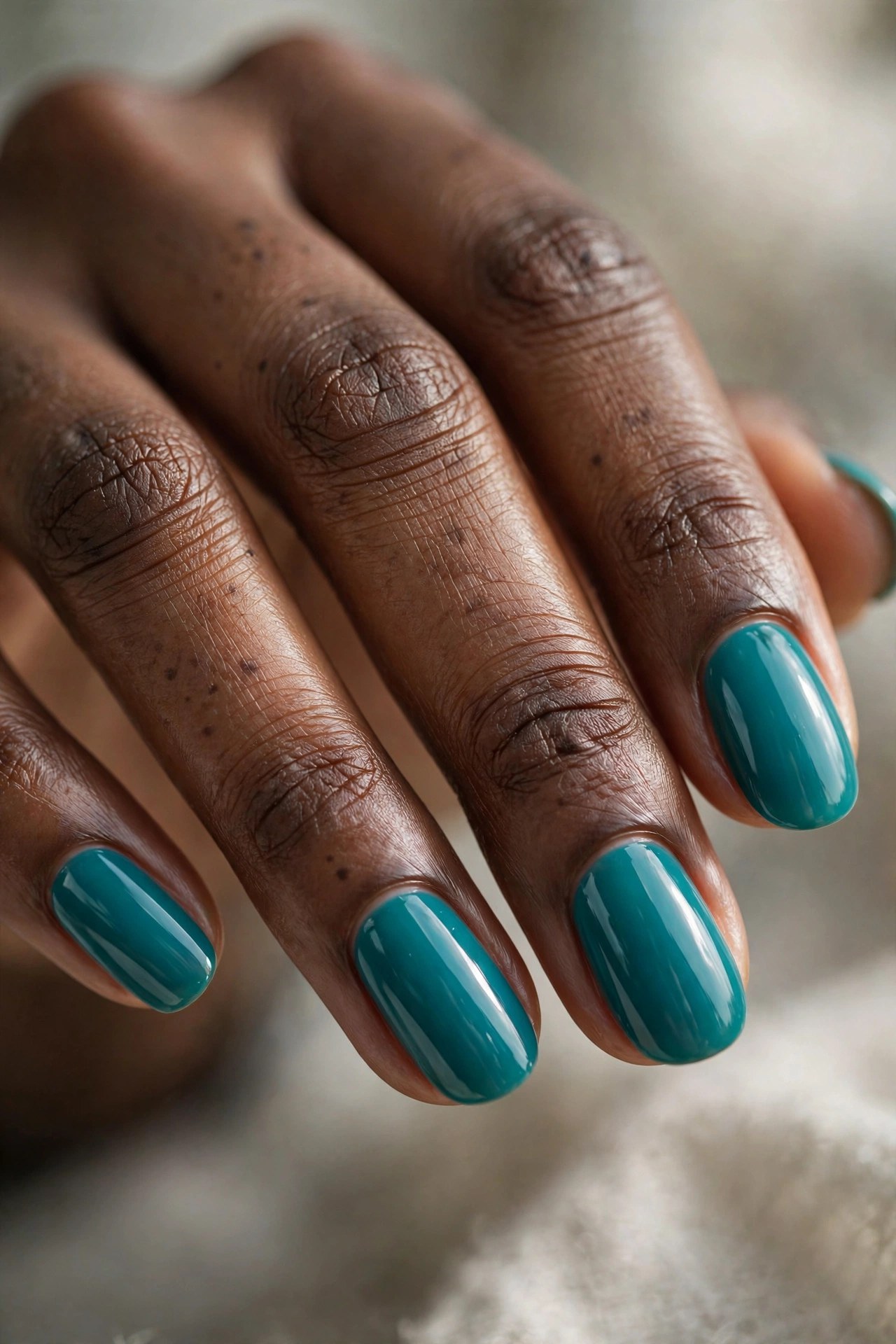 Dark-skinned woman's hand with teal turquoise glossy manicured nails