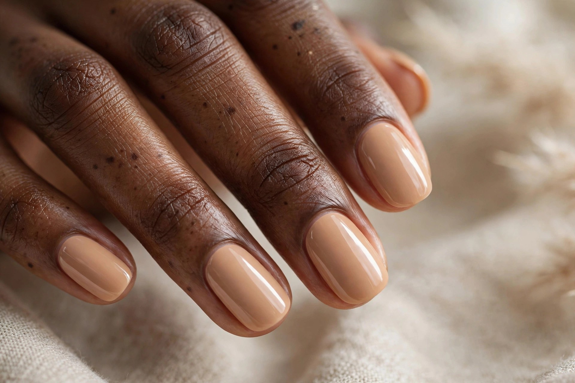 Dark-skinned woman's hand with creamy caramel nude manicured nails