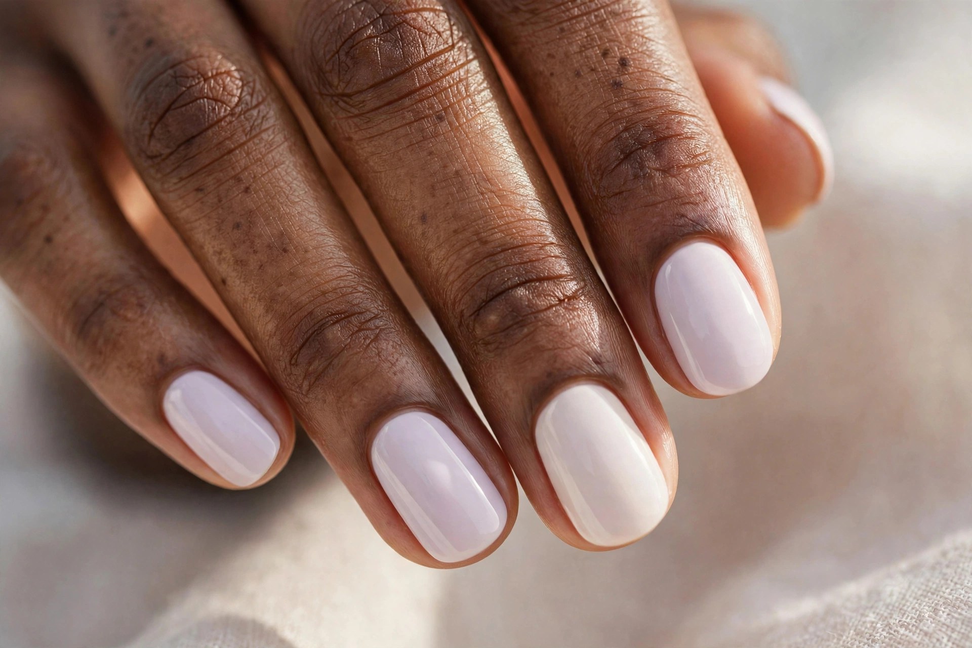 Dark-skinned woman's hand with soft lilac pastel manicured nails