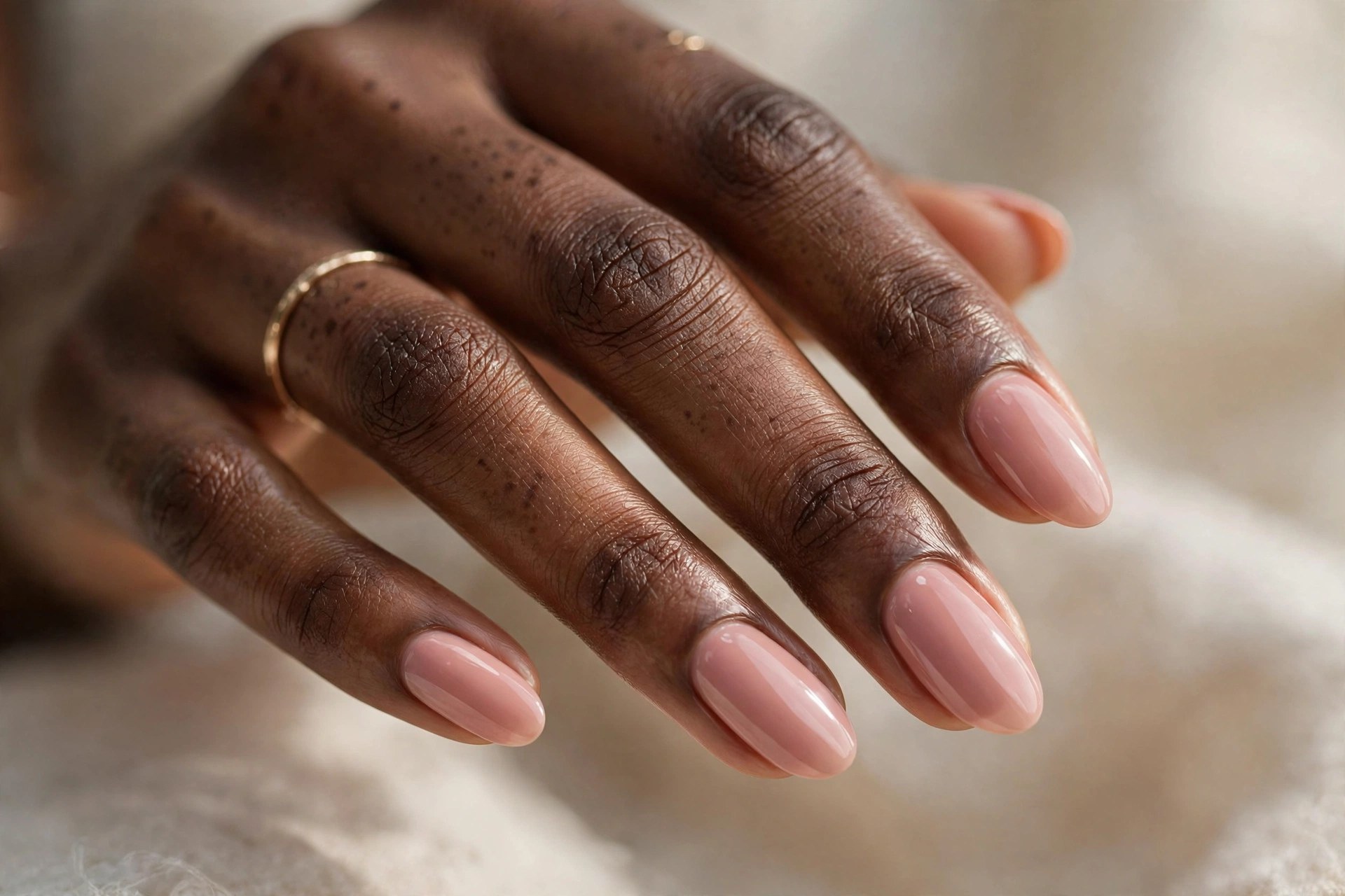 Dark-skinned woman's hand with blush rose nude manicured nails