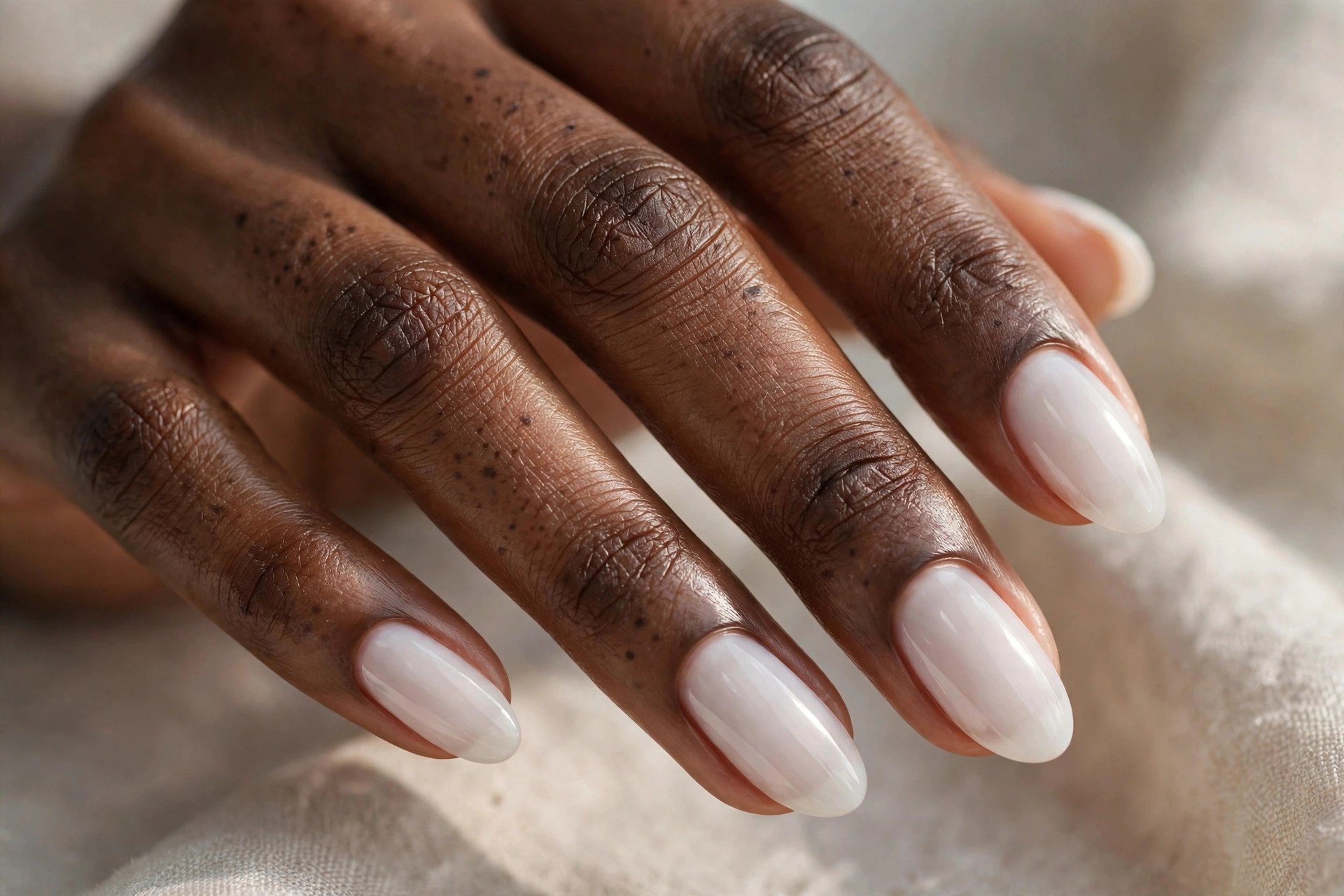 Dark-skinned woman's hand with milky white manicured nails