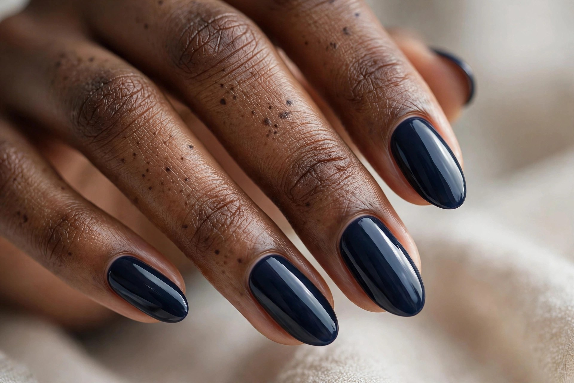 Dark-skinned woman's hand with deep navy midnight blue manicured nails