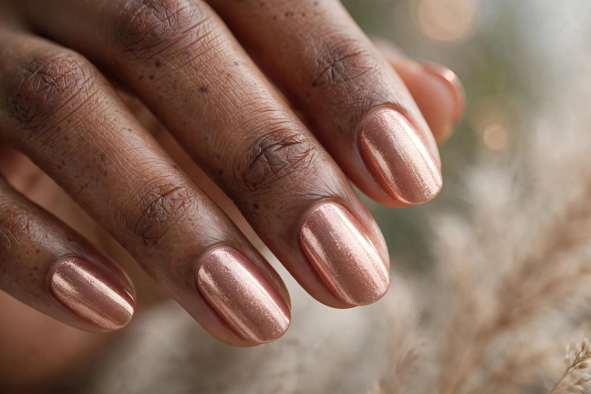 Dark-skinned woman's hand with rose gold metallic manicured nails