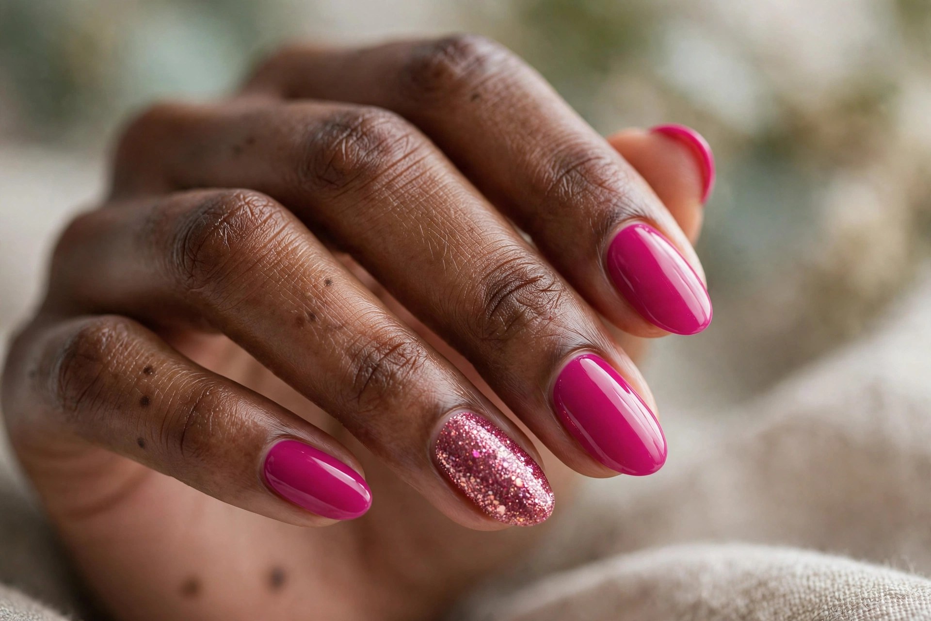 Dark-skinned woman's hand with fuchsia nails and glitter accent nail