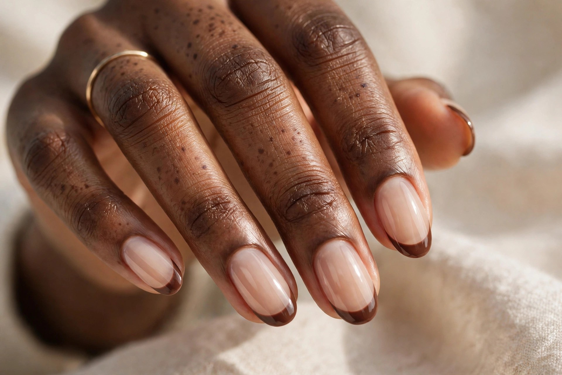 Dark-skinned woman's hand with nude nails and brown french tips