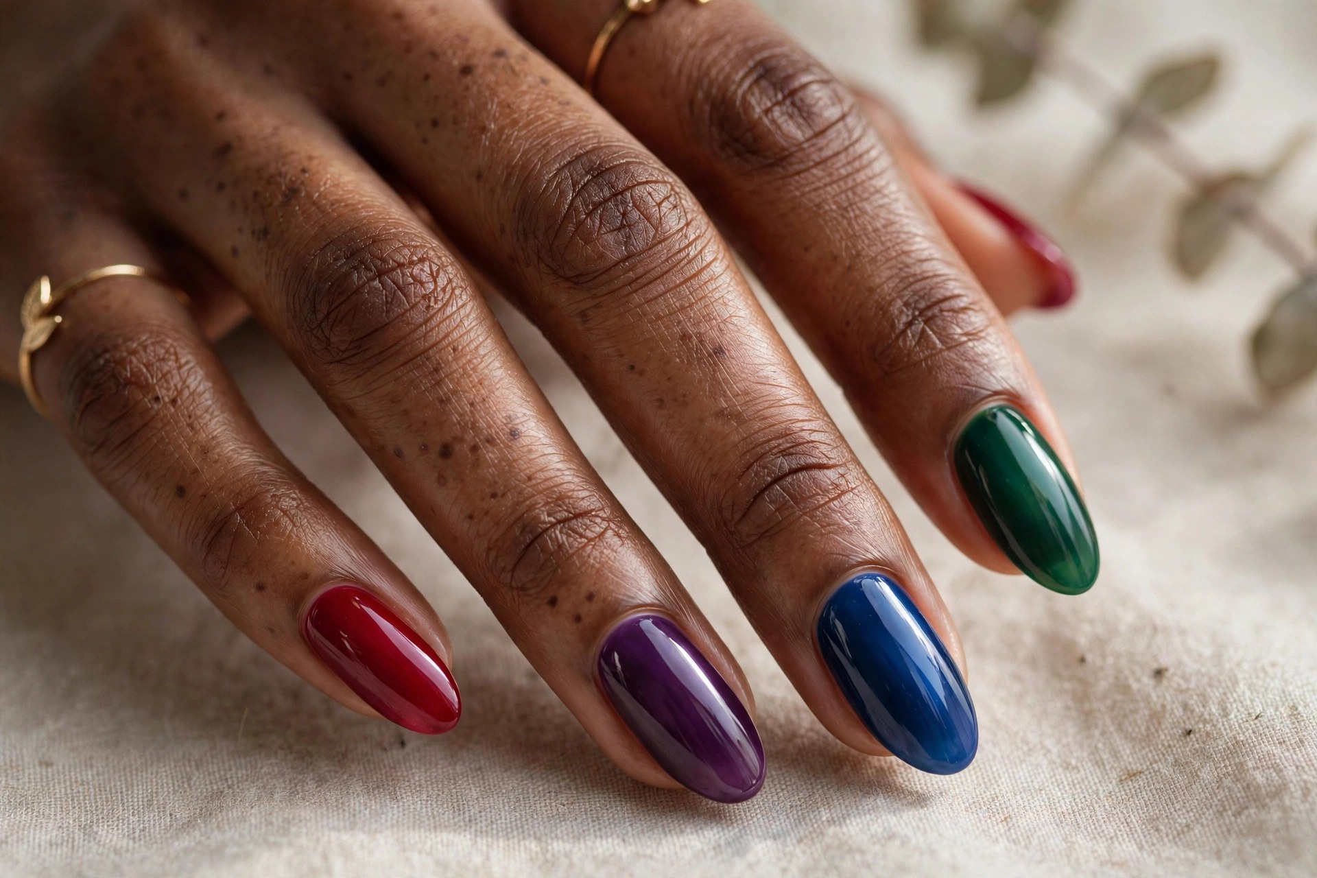 Dark-skinned woman's hand with jewel tone skittle manicure