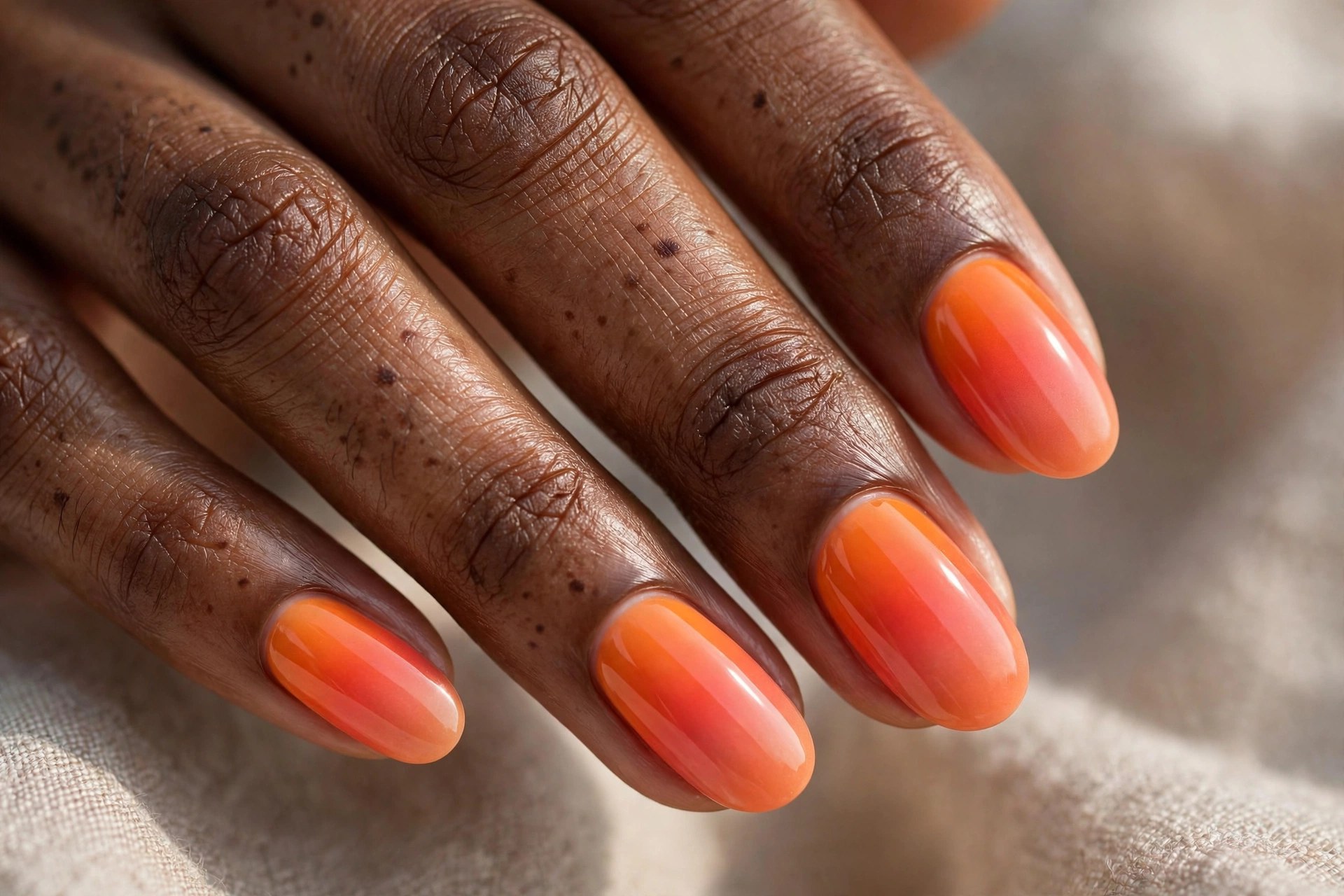 Dark-skinned woman's hand with sunset orange ombre manicured nails
