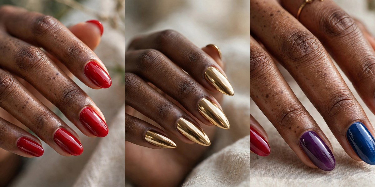 Nail colors for dark skin collage: cherry red, gold chrome and jewel tone manicures