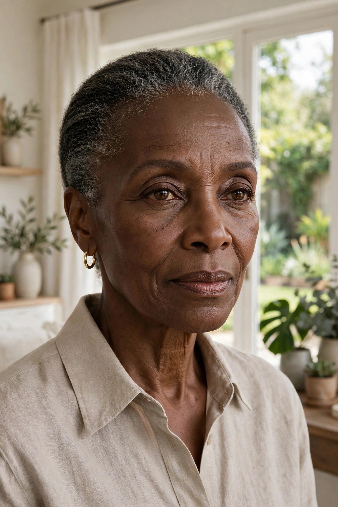 Woman in her 70s with a brushed-back short natural cut