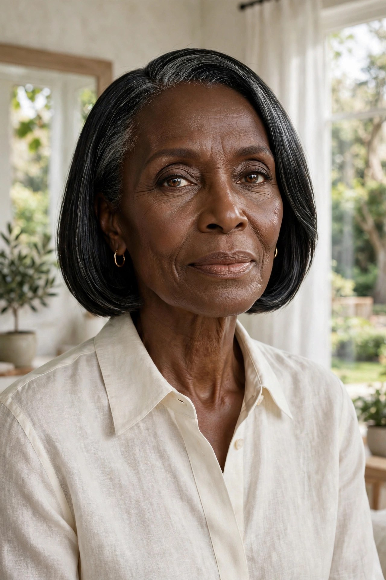 Woman in her 70s with a jaw-length side-part bob