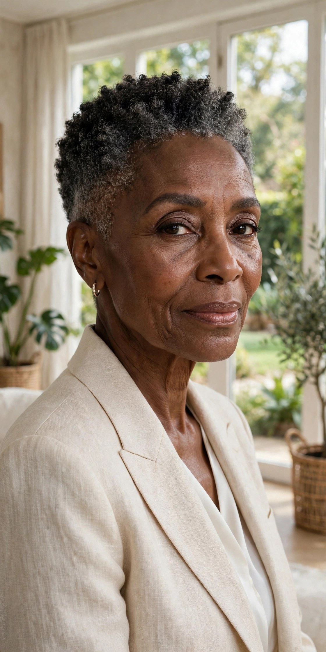 Woman in her 70s with a coily tapered crop