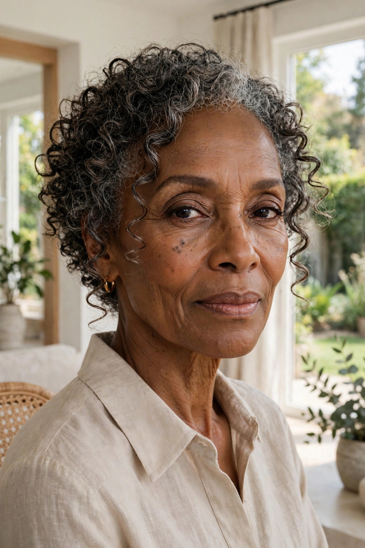 Woman in her 70s with a soft curly crop