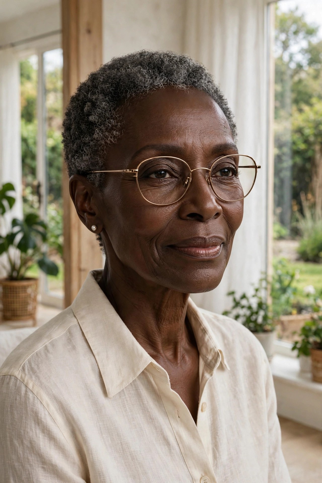 Woman in her 70s with a glasses-friendly short cut