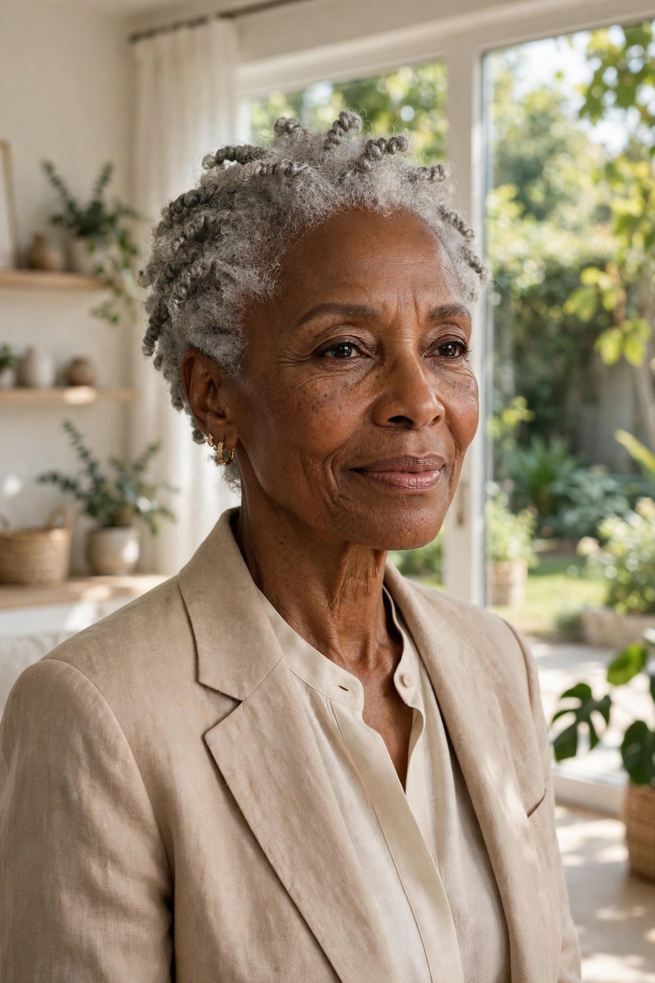 Woman in her 70s with a silver twist-out