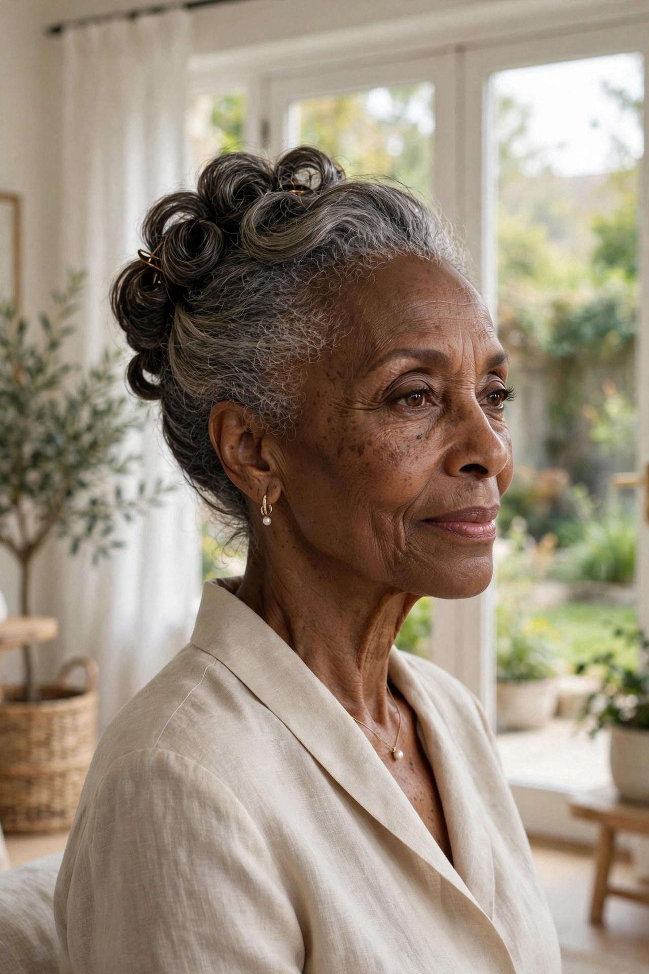 Woman in her 70s with a soft pinned updo