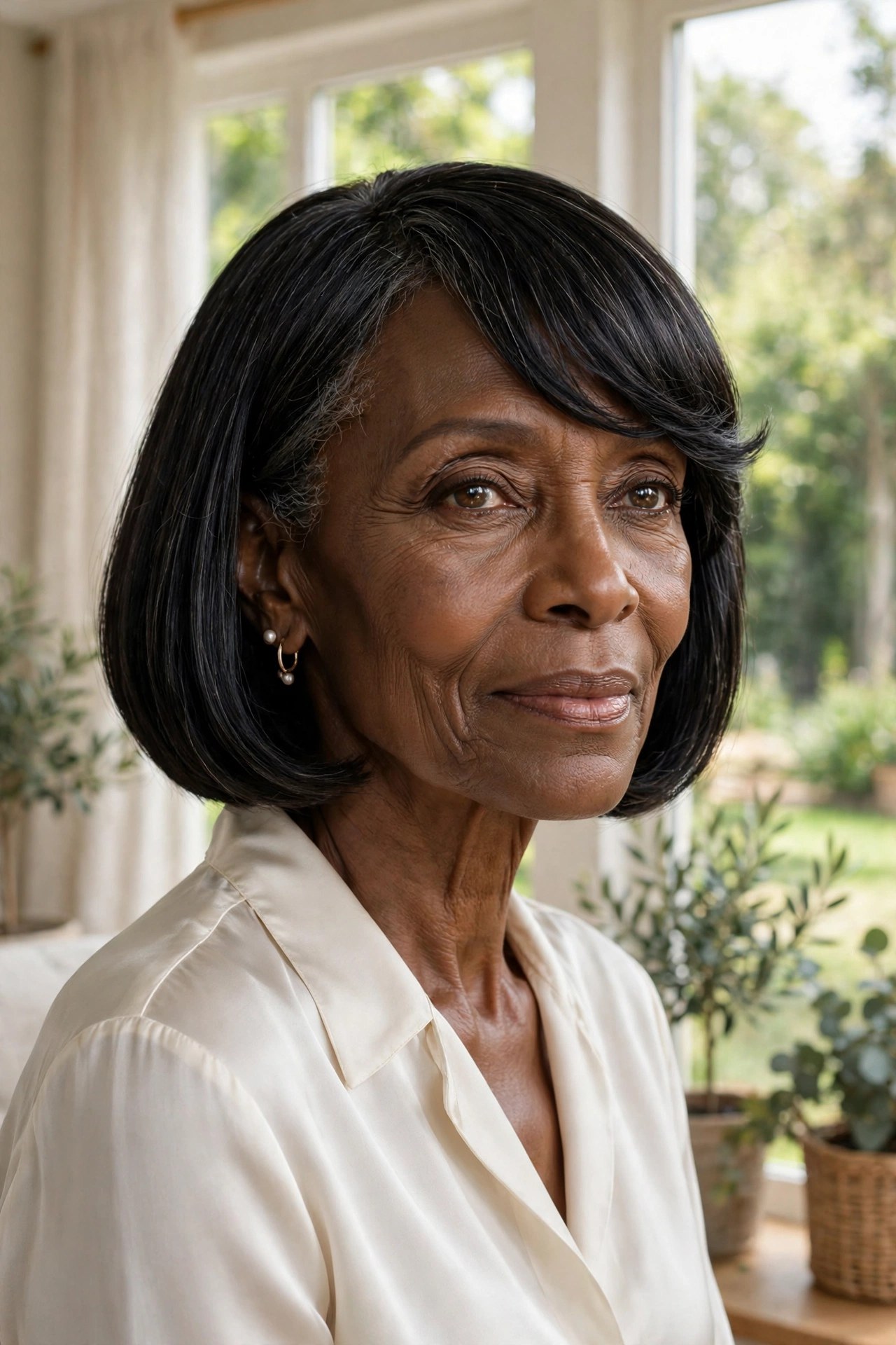 Woman in her 70s with a sleek bob and side-swept bangs