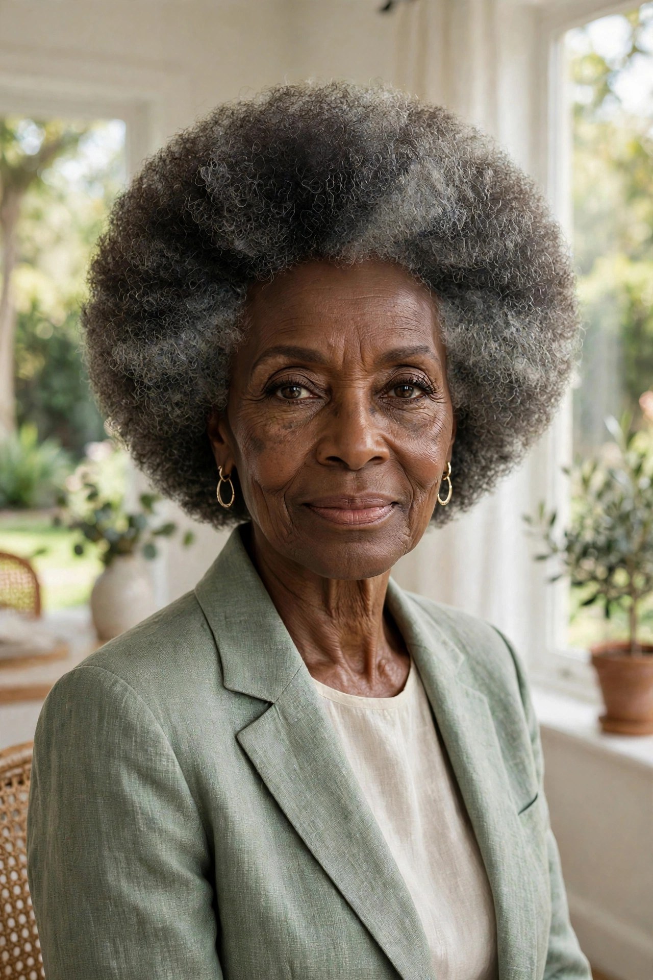 Woman in her 70s with a rounded gray-blend afro