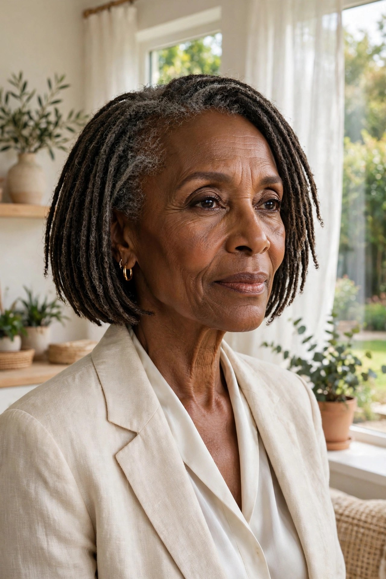 Woman in her 70s with a short loc bob