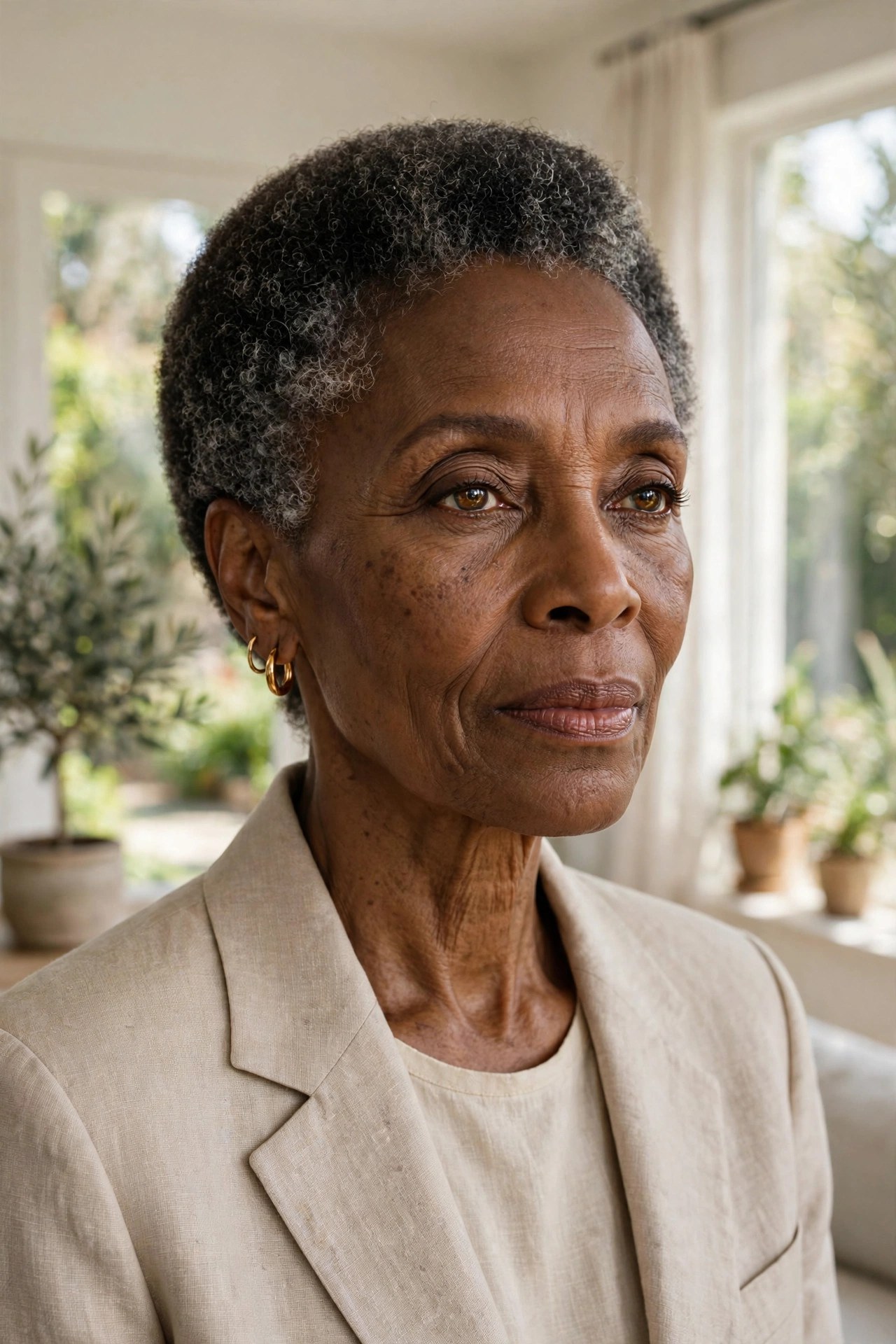 Woman in her 70s with a salt-and-pepper afro