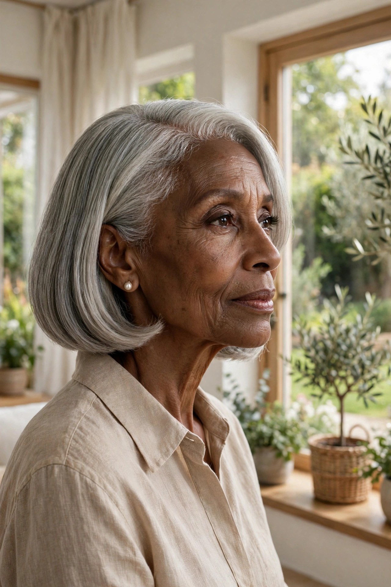 Woman in her 70s with a silver side-parted bob