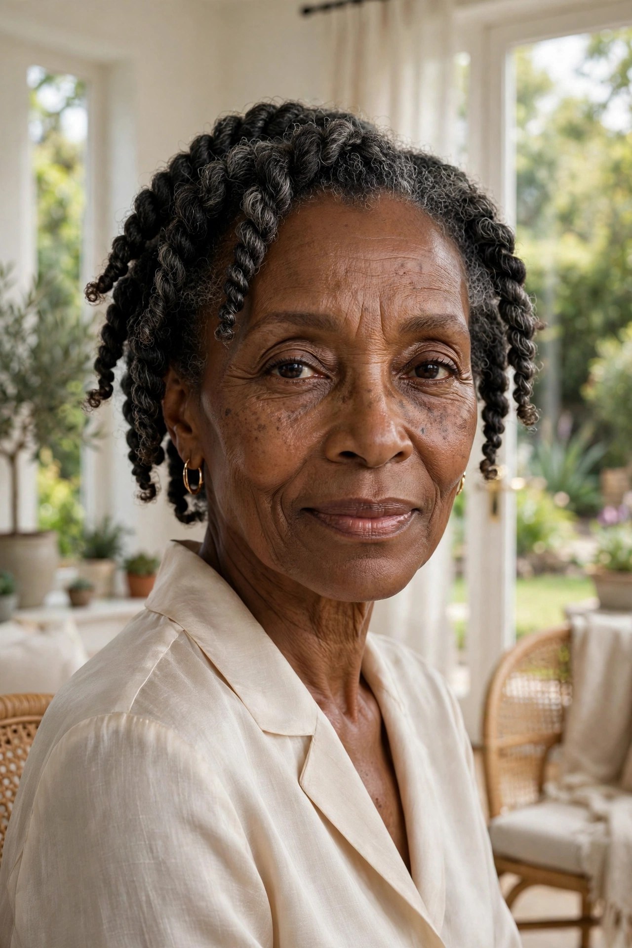 Woman in her 70s with soft twists on cropped hair