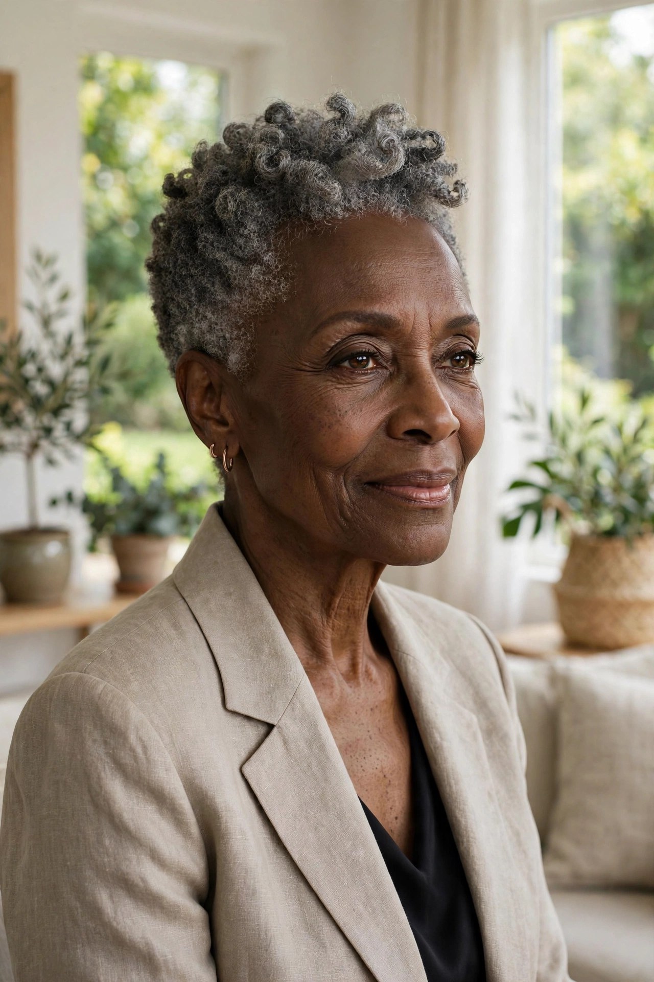 Woman in her 70s with a tapered coily crop