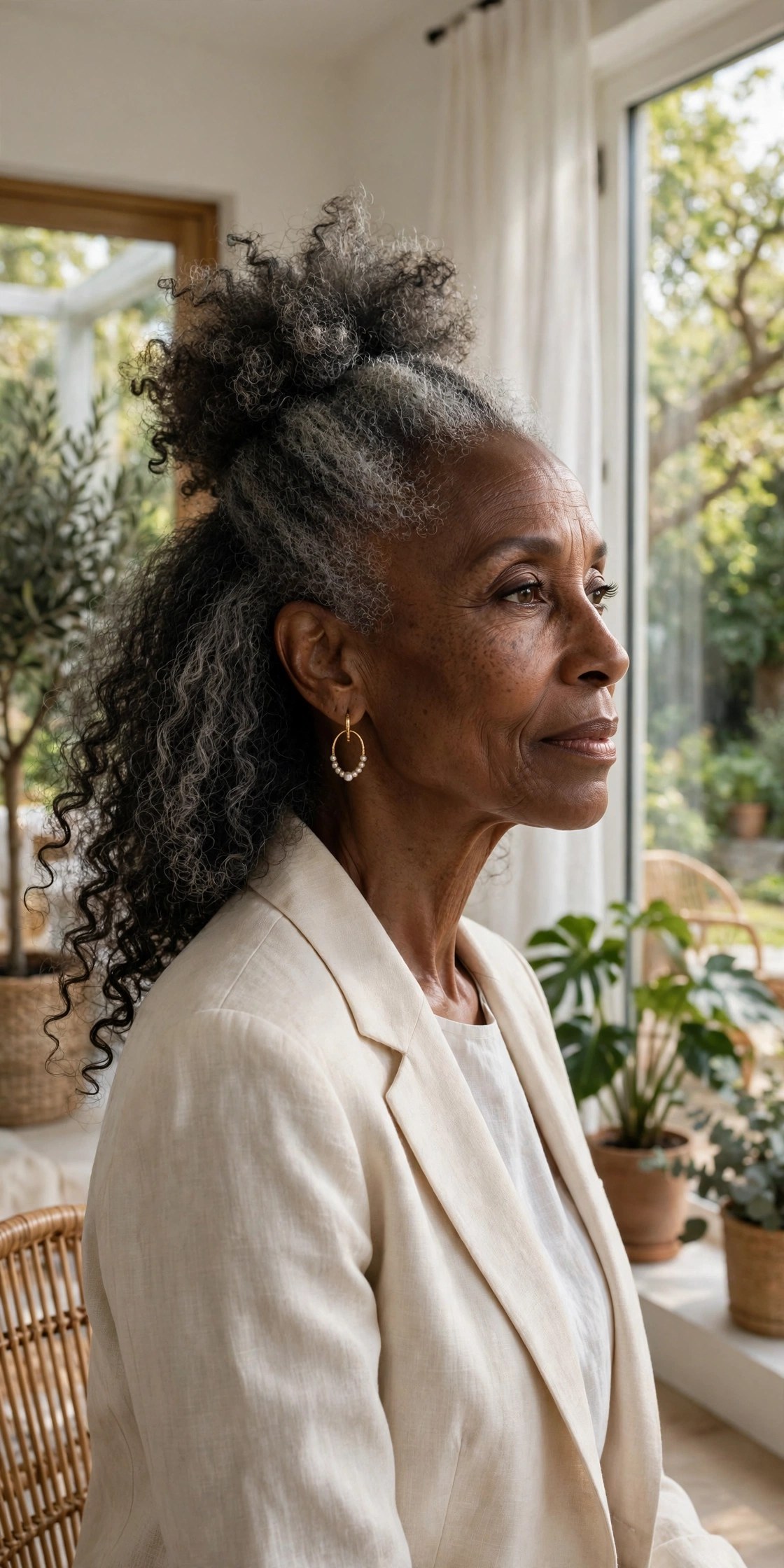 Woman in her 70s with a half-up puff
