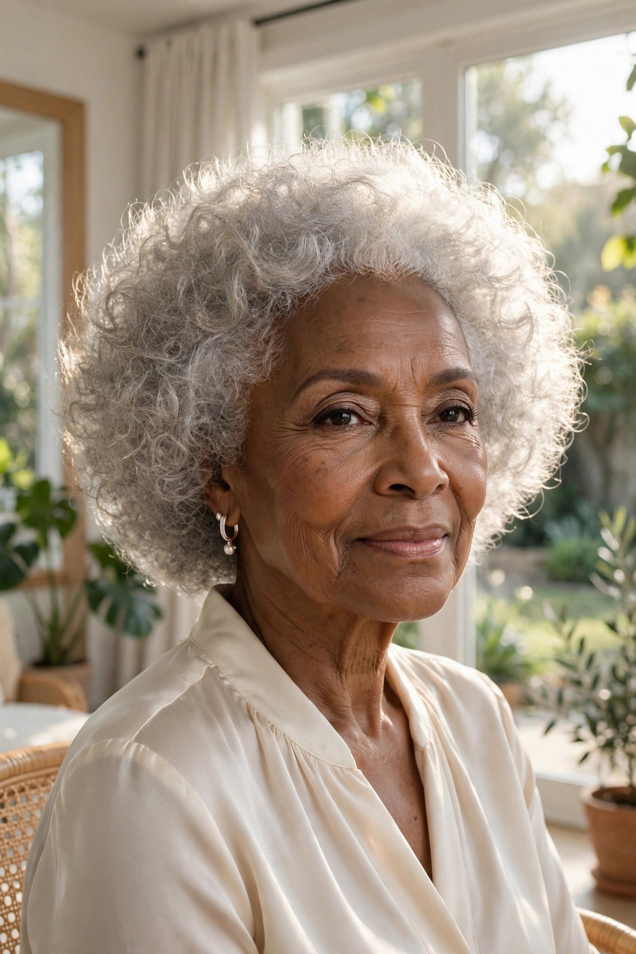Woman in her 70s with an elegant silver halo