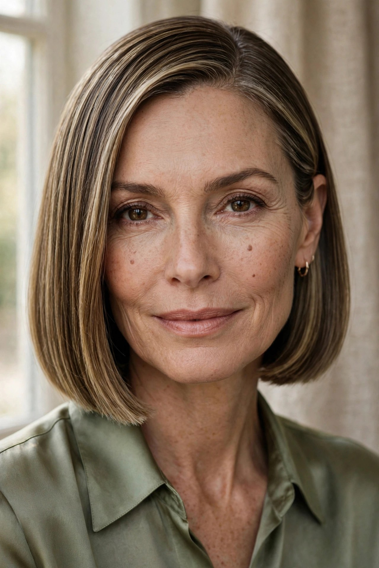 Blunt one-length chin bob with sleek dark blonde hair and side part