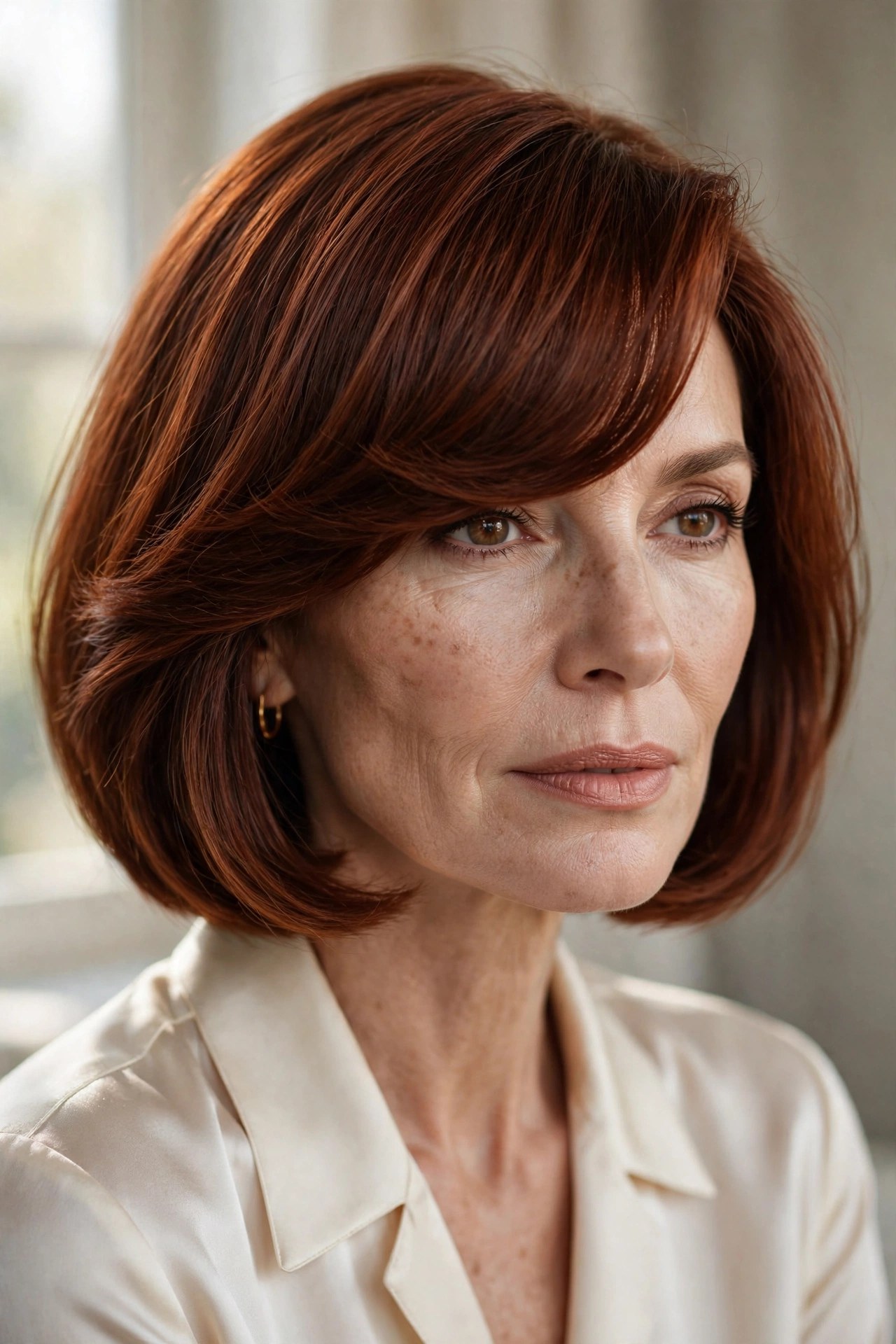 Auburn chin bob with dramatic deep side part